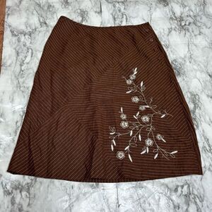 Y2K 90s Sag Harbor linen blend Floral Embroidered pinstripe skirt brown 6P boho